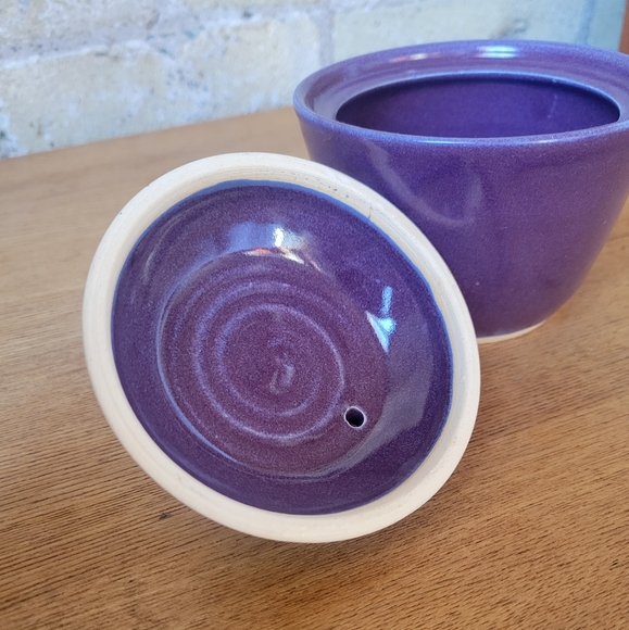 Handmade Garlic Jar Sugar Dish with Lid Purple Ceramic Glazed Pottery - Picture 3 of 5